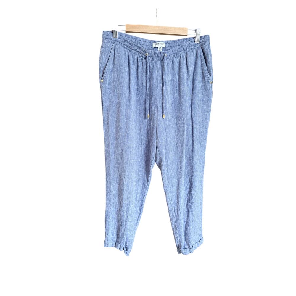 Ellen Tracy blue linen blend pull on elastic waist pants medium coastal summer